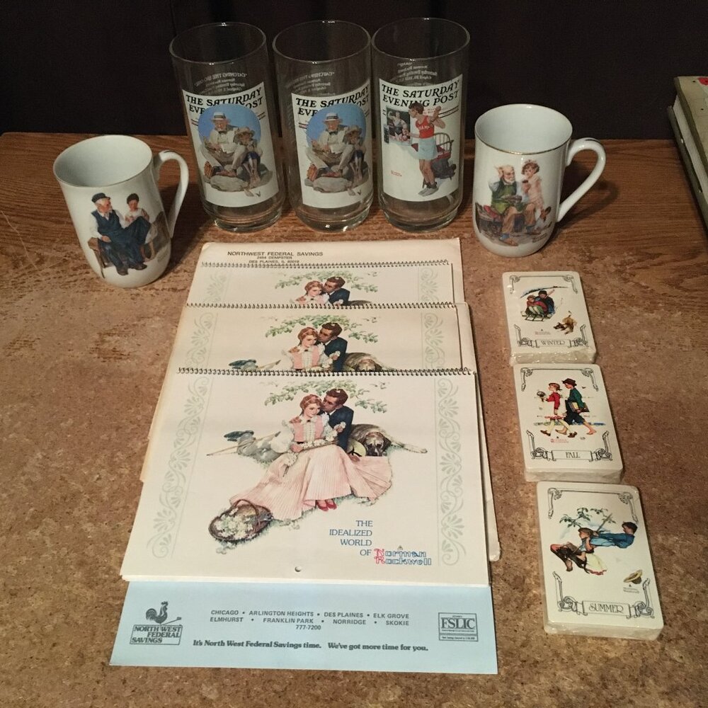 LOT OF 11 NORMAN ROCKWELL ARBY'S CUPS CALENDARS SEASONS PLAYING CARDS SEALED